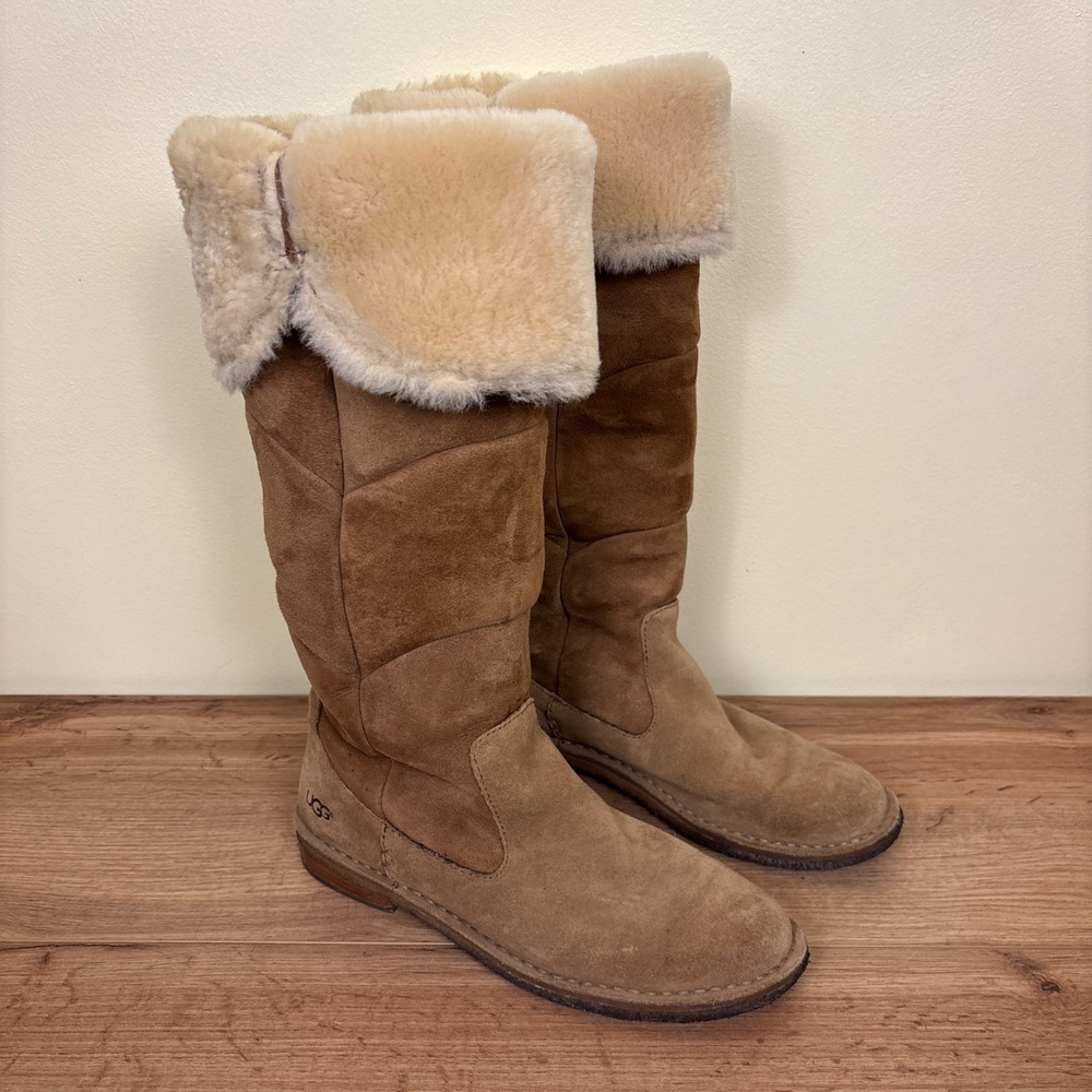UGG Samantha Tall Boot Chestnut Tan Brown Women Size 9 Foldover Knee High Suede‎